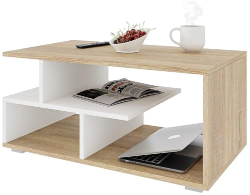 Meble Pitus Couchtisch Holz - Wohnzimmertisch Modern - Couchtisch mit Stauraum 90 x 50 x 49cm - Tisch für Wohnzimmer - Sonoma-Eiche/Weiß von MeblePitus.pl