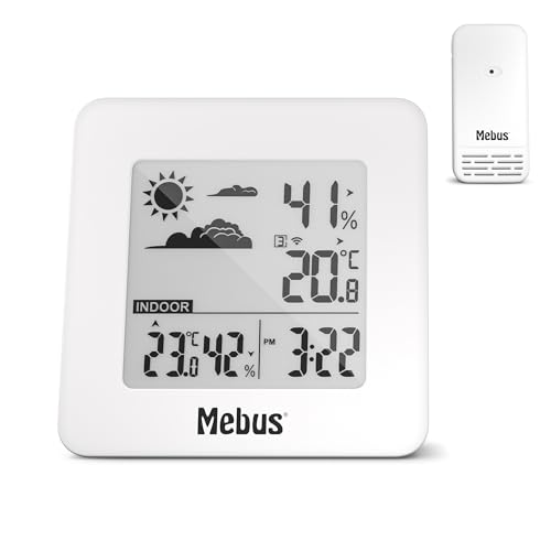 Mebus funkgesteuerte Wetterstation mit Außensensor, Thermometer/Hygrometer (innen/außen), Wohlfühlindikator, Raumklima, Wecker, Weiß, 40913 von Mebus