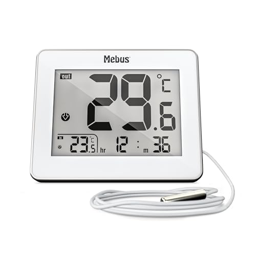 MEBUS digitales Thermometer mit kabelgebundenem Außensensor misst Temperatur Innen und Außen, Uhrzeit, Min-/Max-Werte, Gehäuserahmen aus Metall, Farbe: Weiß, Modell: 01074 von Mebus