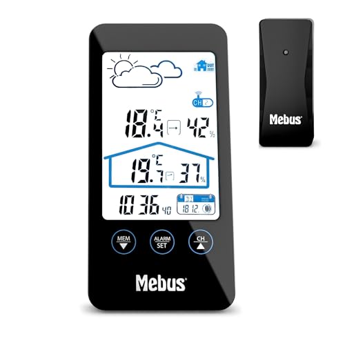 Mebus Wetterstation mit Außensensor, zeigt Temperatur und Luftfeuchtigkeit innen und außen, mit Wettervorhersage und Mondphasen, Displaybeleuchtung, Wecker/Farbe: Schwarz/Modell: 11908, 16 cm von Mebus