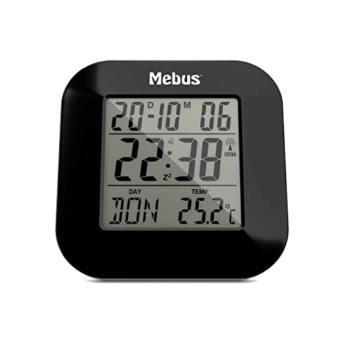 Mebus digitaler Funkwecker mit Thermometer, Datumsanzeige und Beleuchtung, Snooze-Funtion, Material: Kunststoff, Farbe: Schwarz, Modell: 51510, 8 x 8,5 x 1,8 cm von Mebus