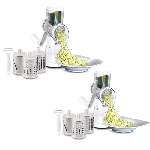 LIVINGTON Sumo Slicer 2 Stück - 3 in 1 Trommelreibe - zum Raspeln, Schneiden, Reiben - Fixierfunktion - Multiraffel - Reibemaschine - Gemüsehobel - Mühle - Gemüseschneider - Doppelpack von Mediashop