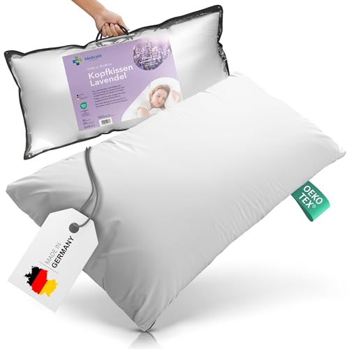 Medicate Lavendelkissen mit Daunen 40 x 80 cm – Kopfkissen für einen erholsamen Schlaf, 100% Natur Kissen für Entspannung & Komfort, Kopfkissen für Jede Schlafposition – Daunenkissen Made in Germany von Medicate