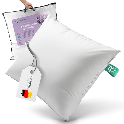 Medicate Lavendelkissen mit Daunen 80 x 80 cm – Kopfkissen für einen erholsamen Schlaf, 100% Natur Kissen für Entspannung & Komfort, Kopfkissen für Jede Schlafposition – Daunenkissen Made in Germany von Medicate