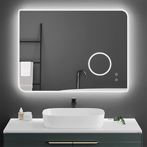 Meerveil Badspiegel mit Beleuchtung, LED Badspiegel mit Touchschalter 3X Vergrößerung und Anti-Beschlag, 3 Lichtfarbe Dimmbar für Badezimmer, 80 x 60 cm (3000K- 6500K) von Meerveil