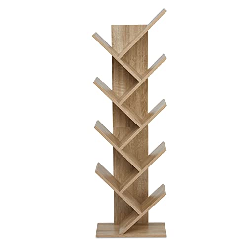 Mondeer Bücherregal, Aufbewahrungsregal in Baumform mit 9 Fächern aus Holz Regal for CDs Magazine in Büro Buchhandlung Home, 40x20x127cm, Eiche von Mondeer