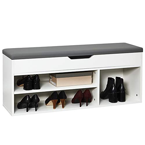 Meerveil Schuhbank aus E1 Holzspanplatte, Aufklappbare Schuhschrank mit Sitzkissen, Flur Schuhregal 104 x 45 x 30 cm (Weiß), H1071SB02WT, 104D x 30W x 45H cm von Meerveil