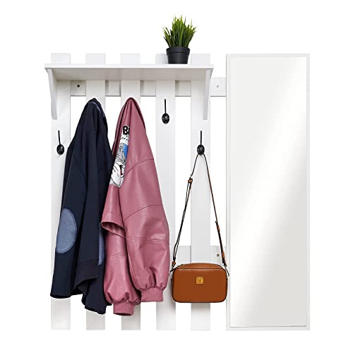 Meerveil Wandgarderobe mit Spiegel, Holz Garderobe mit 5 Haken Ablage Industriestil für Flur Eingangsbereich, 100 x 22 x 106 cm, Weiß von Meerveil