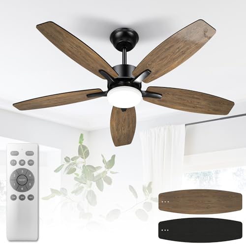 Mefine Deckenventilator mit Beleuchtung und Fernbedienung Leise, 106 cm Deckenventilatoren mit LED Lampe mit 5 Holz Ventilatorflügeln, Holzmaserung/Schwarz, Timer, für Schlafzimmer Wohnzimmer von Mefine