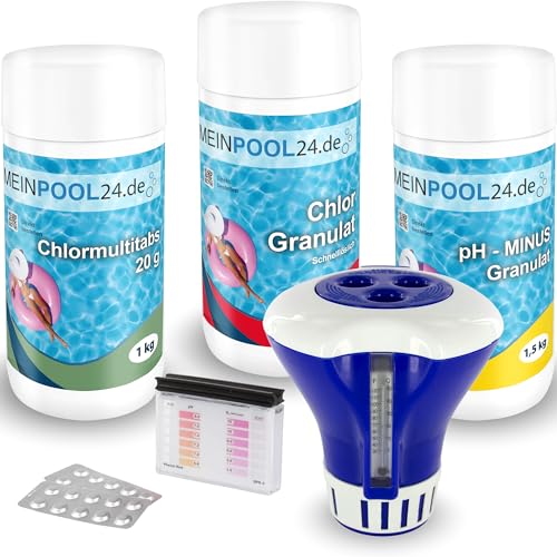 Pool-Starter-Set bestehend aus Chlorgranulat, Chlormultitabs, ph-Minus, Dosierschwimmer, 1 Wassertestkit pH/Cl, Wasserpflegeanleitung von Meinpool24.de