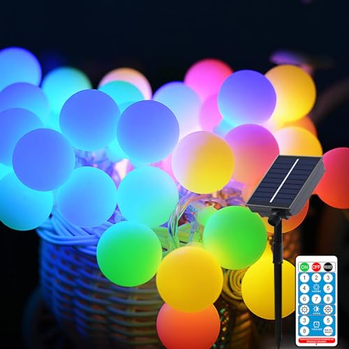 Meision Solar lichterkette Aussen 5m 50 LED Kugel LED Outdoor Lichterkette mit 8 Modi + Timer + Fernbedienung Wasserdicht Solarlichterkette Außen Wetterfest für Garten, Balkon, Hochzeit, Bunt von Meision