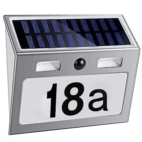 Meision Solarlampen für Außen mit Bewegungsmelder, Solar Beleuchtete Hausnummer mit 7 LEDs, Edelstahl Solarhausnummer IP44 Wasserdicht 120°Beleuchtungswinkel, mit Schalter, Nummern, Buchstaben von Meision