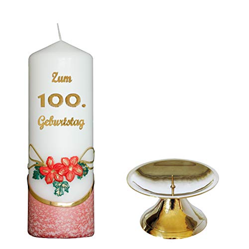 Auswahl * Jubiläumskerze/Geburtstagskerze ''Zum 100. Geburtstag'' * rot * mit farbigen Wachsauflagen * inkl. Kerzenständer aus Messing * (Motiv 002) Auswahl Motiv + Farbe von Meissner-Handel