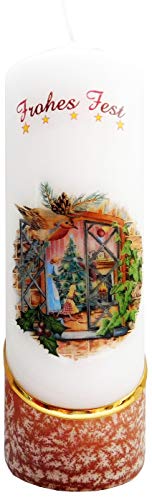 Meissner-Handel Auswahl Motiv, Weihnachtskerze 'Frohes Fest' ca. 6 x 18 cm, farbig getaucht, mit farbigen Wachs- und Bildauflagen * (Motiv 002-FF) von Meissner-Handel