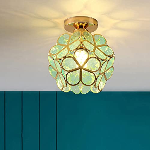 Mengjay Vintage Deckenlampe aus Metall E27，Blütenblattform Glas Lampenschirm Semi-Flush-Mount Deckenleuchte,Wohnzimmer Schlafzimmer Pendelleuchte Retro Hängeleuchte (Green) von Mengjay