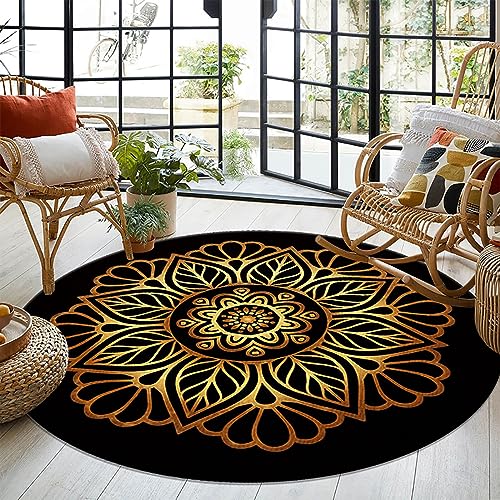 Menkala Teppich Rund 140cm Boho Style Schwarz Gold Vintage Mandala Blumen Muster Waschbarer rutschfest Kurzflor Wohnzimmerteppich Bohemien Deko für Wohnzimmer Schlafzimmer Flur Balkon Garten von Menkala