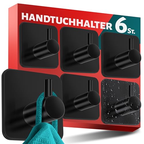 Menz Handtuchhalter ohne Bohren 6er SET - Schwarze Haken selbstklebend, stilvolle Wandhaken klassisch-funktional - Starke Klebehaken als Handtuchhaken Bad von Menz