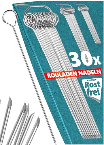 Menz Rouladennadeln, 30er SET - 10cm Rouladennadeln Edelstahl rostfrei als Rouladenklammern-Ersatz - Made in Germany Rouladenspieße inkl. Aufbewahrungs-Clip von Menz