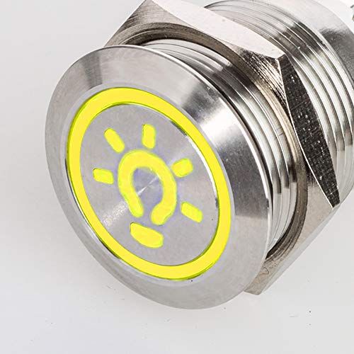 Flacher LED Druckschalter - mit Licht Symbol - Durchmesser Ø 19 mm - aus V2A Edelstahl - staub- und wasserdicht - 230 V - AC/DC - witterungsbeständig und langlebig - Gelb von Metzler