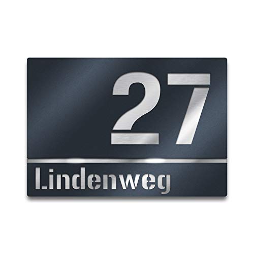 Metzler Hausnummer aus Edelstahl - Schild mit Nummer und Straßenname - inkl. Beschriftung und Befestigungsmaterial (Anthrazit) von Bluecool