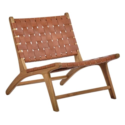 Meubletmoi HEI Lounge-Sessel, geneigt, aus massivem Teakholz, mit gekreuzten Gurten aus braunem Leder, natürlicher und exotischer Stil von Meubletmoi