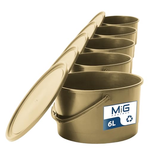 MIG Eimer mit Deckel 6L Gold - 5X 6 Liter stapelbare Plastikeimer mit Deckel - Vielseitiger Kübel mit Deckel für Haushalt und Industrie - Kleiner Eimer mit Deckel geeignet für Hundefutter von MiG
