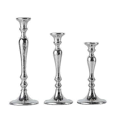 3er Set Kerzenständer Kerzenhalter Aluminium Silber Deko - Kerzenleuchter Modern für Stabkerzen - Tischdeko Hochzeit - Dekoration Wohnzimmer - H 23, 28 und 33 cm von MichaelNoll