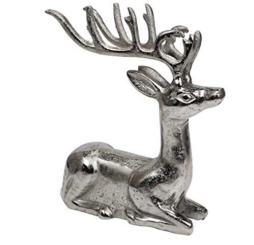 Hirsch Dekoration - Liegend - Rentier Aluminium Metall Silber - Figur Statue Dekofigur - Deko für Wohnzimmer, Küche, Schlafzimmer - Weihnachten Winter - Hirschgeweih Dekoration XL 26 cm von MichaelNoll