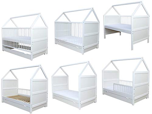 Micoland Babybett Kinderbett Bett Haus 140x70 cm mit Matratze Schublade Weiss 0 bis 6 Jahre von Micoland