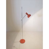 Vintage West German Adjustable Red Chrome Floor Lamp Industrial Studio Loft Handle Modernist Minimalist 1960S von MidAgeVintageDE2