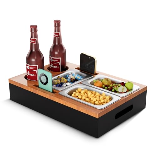 Couchbar, Sofa Organizer auf dem Beistelltische Couchtisch, Couchbar Holz als Bier Geschenke für Männer, Sofatablett Mit Zwei Snackschalen und Mehrere Lagerplätze (Elegante Holzfarbe) von Mihoho