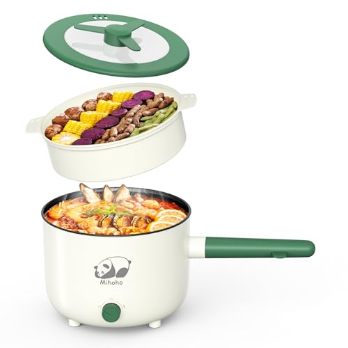 Elektrischer Hot Pot mit Dampfgarer, Multifunktionaler tragbare antihaftbeschichtete Bratpfanne mit Dual-Power-Steuerung, elektrischer Shabu-Shabu-Kocher für, Haferflocken, Nudeln, Ramen, 1,5 l (Grün) von Mihoho