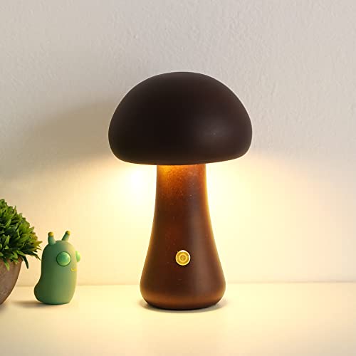 Mihoho Pilzlampe für Schlafzimmer, tragbare dimmbare Nachttischlampe mit USB-Aufladung, kabelloses Nachtlicht aus Holz, Pilz-Tischlampe für Heimdekoration (Groß, Walnuss A1) von Mihoho