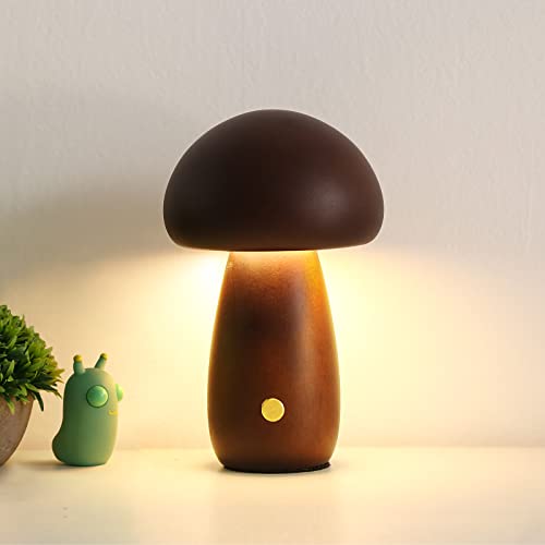 Mihoho Pilzlampe für Schlafzimmer, tragbare dimmbare Nachttischlampe mit USB-Aufladung, kabelloses Nachtlicht aus Holz, Pilz-Tischlampe für Heimdekoration (Groß, Walnuss B+) von Mihoho