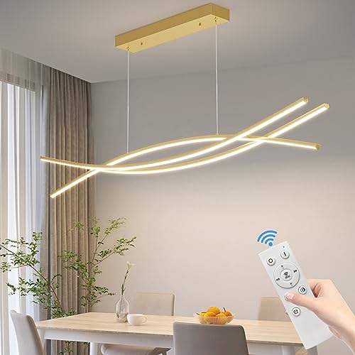 Mikeru LED Pendelleuchte esszimmer, 48W 120cm Gold Moderne Hängeleuchte esstisch, Lineare Hängelampe küche Dimmbar mit Fernbedienung, 10%-100% Einstellung der Farbtemperatur, Esszimmerlampe von Mikeru