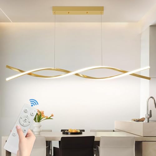 Mikeru LED Pendelleuchte esszimmer, 36W 100cm Moderne Kücheninsel Leuchten, Lineare Hängelampe Dimmbar mit Fernbedienung, Höhe 150cm einstellbar 10%-100% Einstellung der Farbtemperatur, Gold von Mikeru