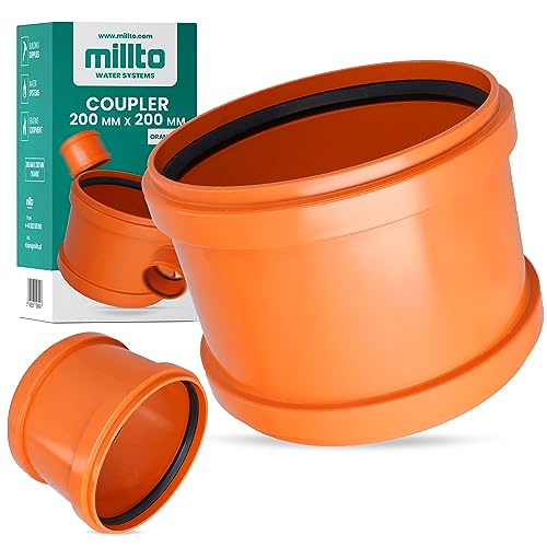 Millto™ Muffe Abwasserrohr 200 x 200 mm Orange PP Abwasserkanalisation Verbindung Anschluss Kanalrohrsystem Chemische Beständigkeit Mit 2 Gummidichtringen von Millto