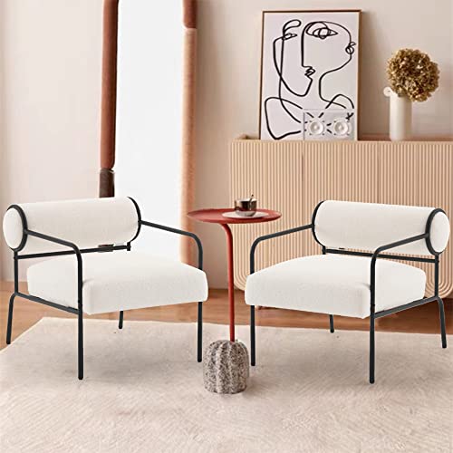 Mingone 2er Set Sessel Weiß Cocktailsessel Modern Loungesessel Ohrensessel Lammwolle mit Schwarz Metallbeinen für Wohnzimmer Schlafzimmer bis 120kg von Mingone