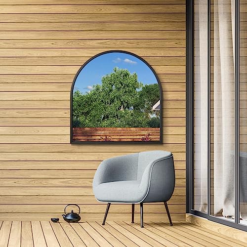 MirrorOutlet The Arcus – Schwarzer Rahmen, moderner Garten-Wandspiegel, gewölbt, 100 cm x 100 cm, silberfarbenes Spiegelglas mit schwarzer Rückseite für jedes Wetter. von MirrorOutlet