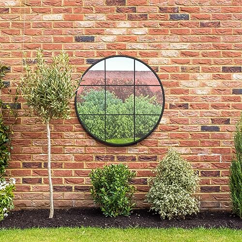 MirrorOutlet The Circulus Wandspiegel, Solider schwarzer Metallrahmen, modern, rund, für Garten, 100 x 100 cm, silberfarbenes Spiegelglas mit schwarzer Allwetter-Rückseite. von MirrorOutlet
