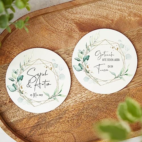 Miss Lovely Bierdeckel Hochzeit personalisiert Botanical Eukalyptus in grün & Gold Zubehör Hochzeit Polterabend JGA Junggesellenabschied Glas-Untersetzer mit Namen & Hochzeitsdatum 50 Stück von Miss Lovely