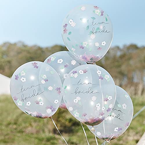 Miss Lovely JGA-Ballons Luft-Ballons Konfetti-Ballons Team Bride transparent mit Konfetti-Blumen Pastell JGA Accessoires Dekoration Zubehör Junggesellinnen-Abschied Deko Party Frauen Braut 5 Ballons von Miss Lovely