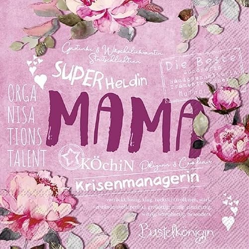 Miss Lovely Servietten Mama SUPERHELDIN Tisch-Dekoration Muttertag Danke Mama Best Mum Ever Statement-Serviette in rosa & pink 20 Servietten von Miss Lovely