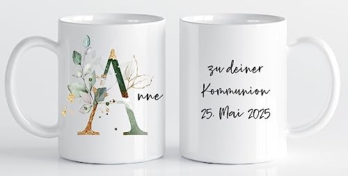 Miss Lovely Tasse zur Kommunion mit Namen personalisiert für Mädchen & Jungen Botanical Eukalyptus in grün & Gold Geschenk Geldgeschenk zur Kommunion Kaffeetasse mit Namen & Kommuniondatum - 1 Stück von Miss Lovely