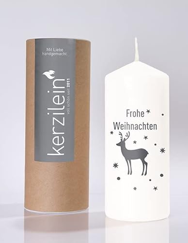 Miss Lovely XXL Weihnachts-Kerze Stumpen-Kerze Windlicht Frohe Weihnachten mit Hirsch & Sternen in weiß & anthrazit grau Weihnachts-Deko Tisch-Dekoration Weihnachten Advent Winter von Miss Lovely