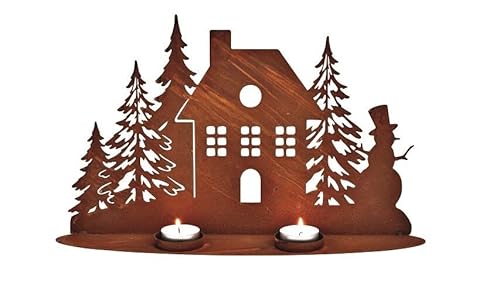 Teelichthalter Kerzenständer Haus MIT SCHNEEMANN & Tannenbaum in Edel-Rost Optik Adventsgesteck aus Metall für Teelichter Länge 38cm Weihnachts-Deko Weihnachten Advent Winter Wohungs-Dekoration von Miss Lovely