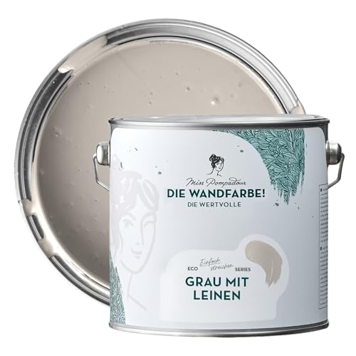 MissPompadour edelmatte Wandfarbe Grau mit Leinen 2,5L - sehr hohe Deckkraft - geruchsneutrale, spritzfreie Farbe - atmungsaktive, wasserbasierte Innenfarbe/Deckenfarbe - Die Wertvolle von MissPompadour