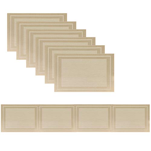 Tischset, schmutzabweisend, waschbar, PVC-Tischsets, rutschfest, Kaffeeunterlage, Crossweave gewebtes Vinyl, hitzebeständig, Küchentischmatten für Esstisch (Gold, 6 Tischsets und 1 Tischläufer) von Misuhom