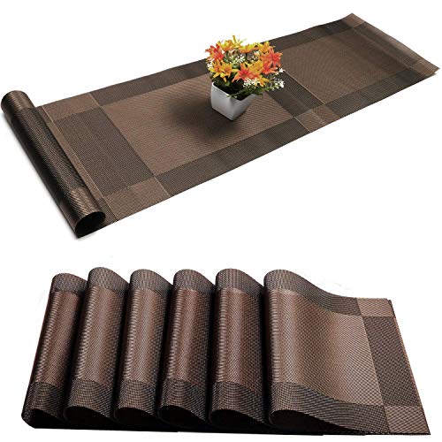 Tischsets mit Tischläufer-Sets Platzdeckchen, Gewebtes Kreuzgewebe Platzset Vinyl Küche Tischset, Waschbare PVC Tischsets für Esstisch, Partys, Thanksgiving, Weihnachten & Versammlungen (Braun) von Misuhom