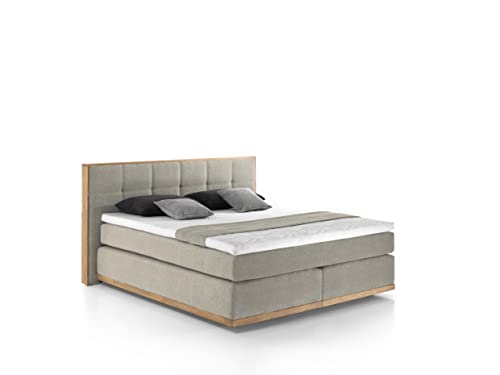 Mivano Levana Boxspringbett mit Sockel aus Eiche, 7-Zonen-Federkern, Matratzen H3/H4 + Topper Premium, Chenille, Beige, Liegefläche 180 x 200 cm von Mivano